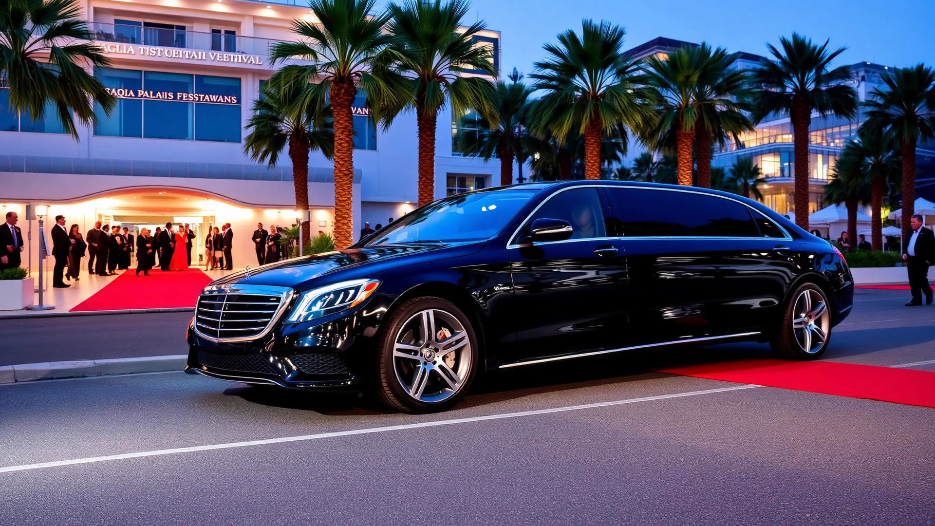 Cannes Film Festival luxury chauffeur – Mercedes limousine at Palais des Festivals red carpet