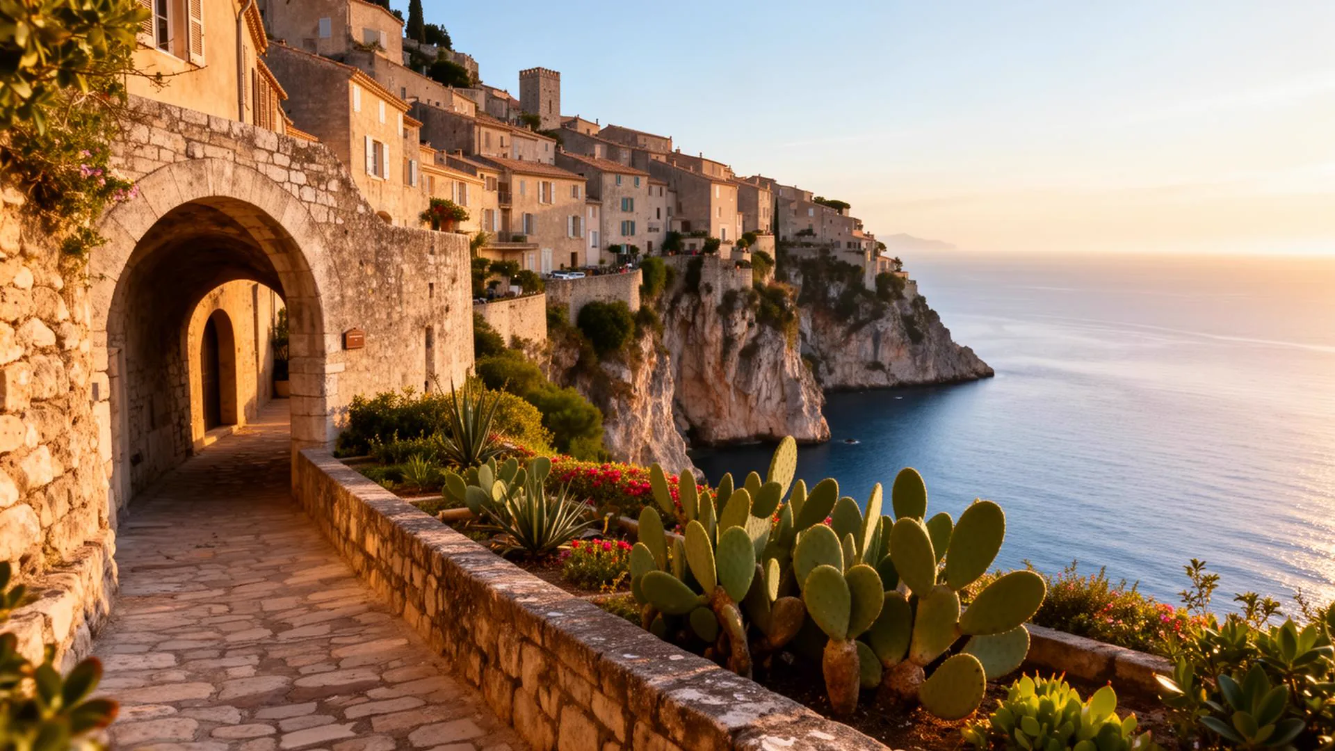 Èze Village medieval stone streets perched on cliff above Mediterranean sea
