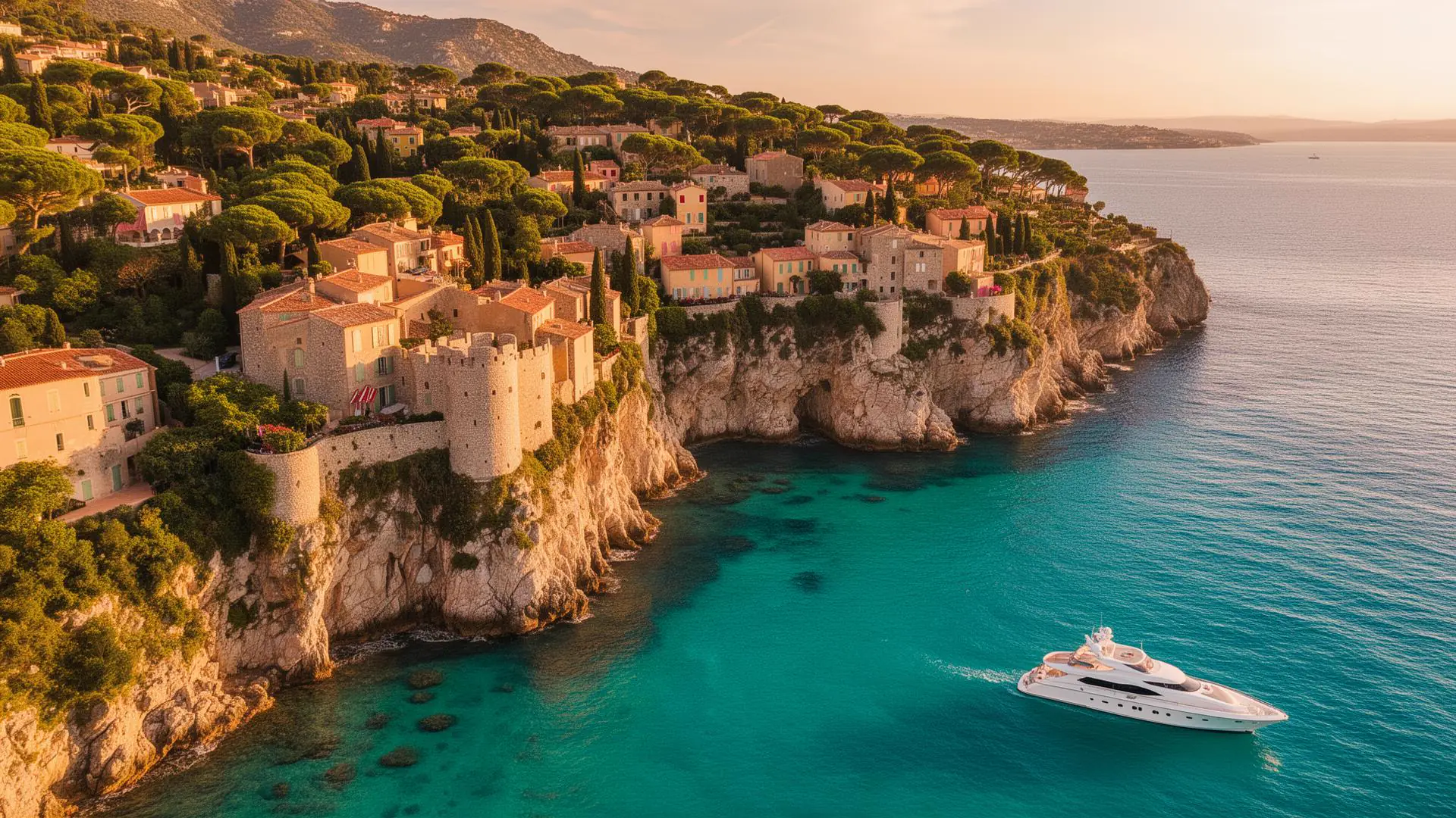 Aerial view of hidden coastal village on the French Riviera with turquoise sea