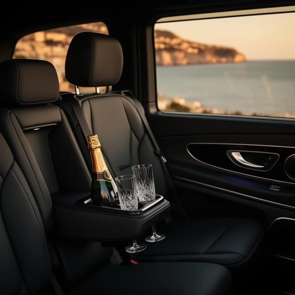 Luxury Mercedes V-Class interior with chilled champagne and Riviera coastline view