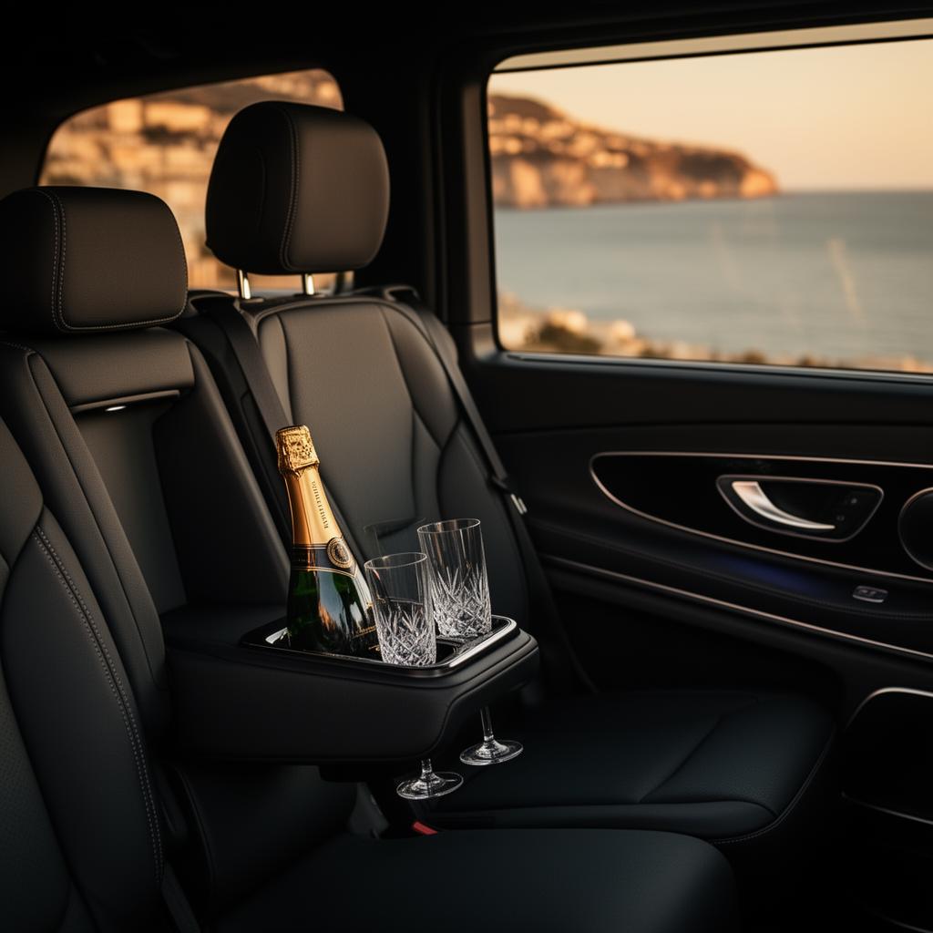 Luxury Mercedes V-Class interior with chilled champagne and Riviera coastline view
