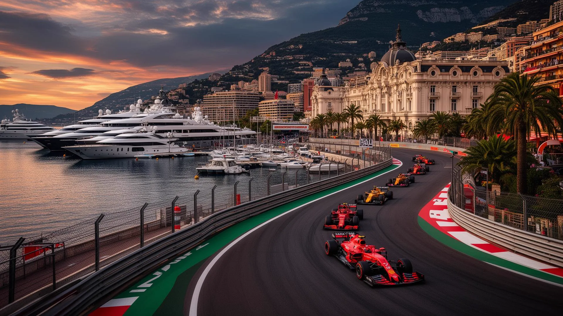 Monaco Grand Prix F1 race through Monte Carlo streets with yachts in harbor