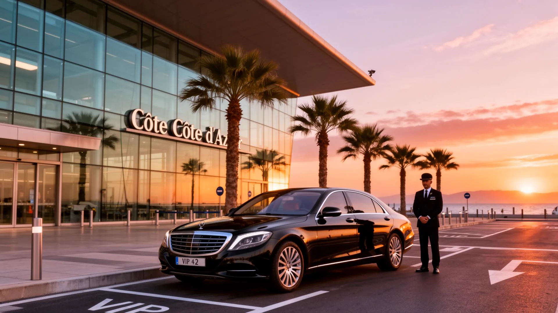 Black Mercedes at Nice Côte d'Azur Airport VIP pickup zone at sunset
