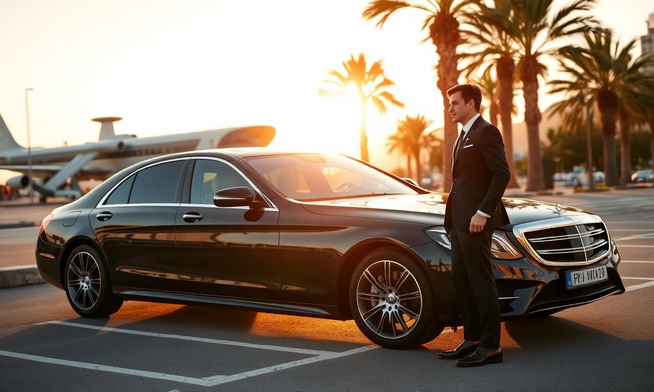 Black Mercedes and professional chauffeur at Nice Airport pickup zone at golden hour
