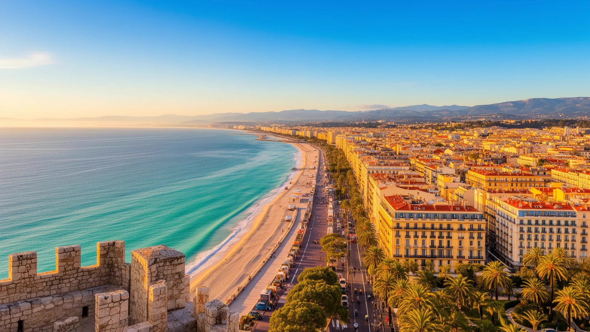 Panoramic view of Nice Promenade des Anglais and Baie des Anges at golden hour