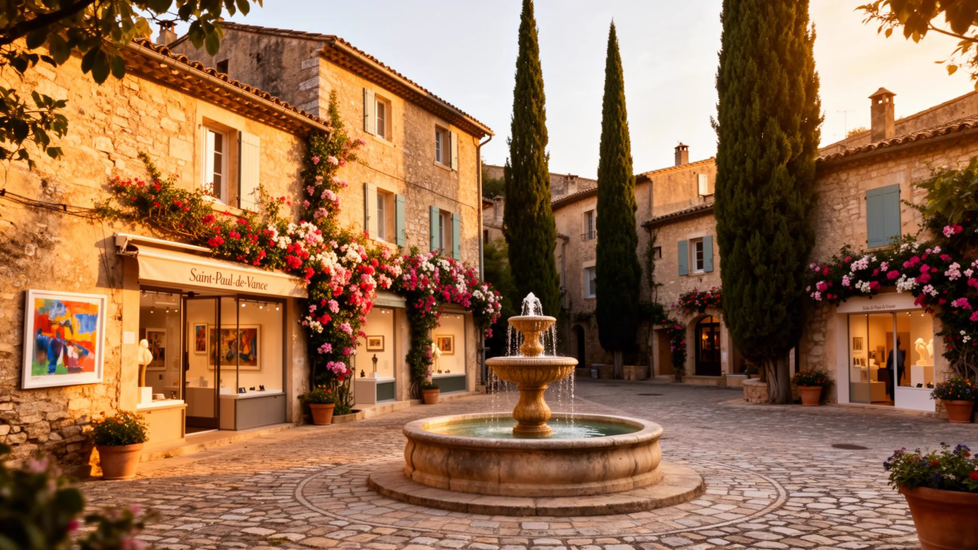 Saint-Paul-de-Vence medieval village with art galleries and fountain in Provence